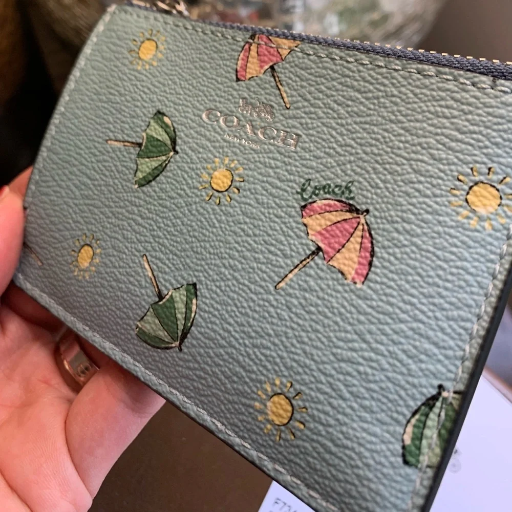 Coach Mint Green Umbrella Print Zip Card Case
